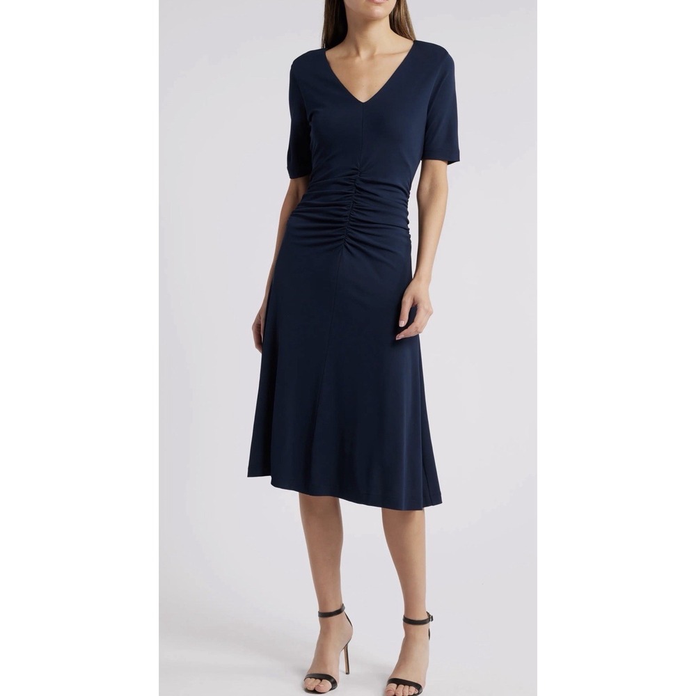 Boss Hugo Boss Women's Navy Erina Ruched Knit Midi Dress Size Small $398